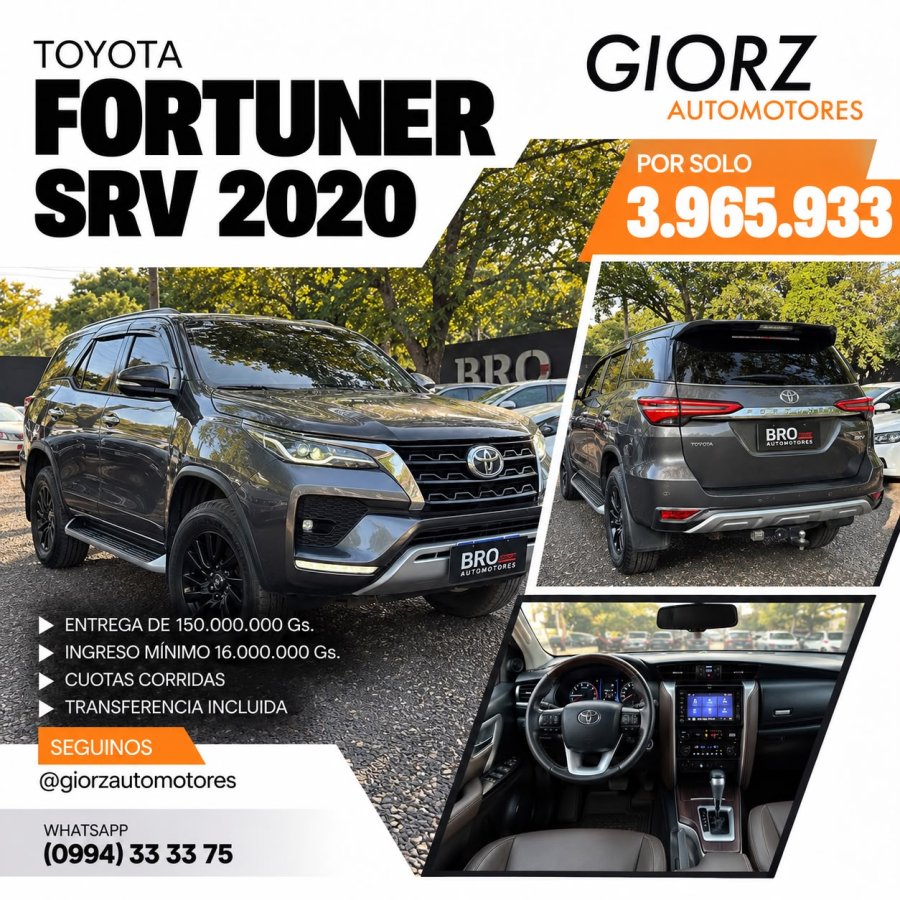Toyota Fortuner SRV 2020 Gris Oscuro Frente 2025 - 2.8 Diesel 4x4 Toyotoshi (Financiada)